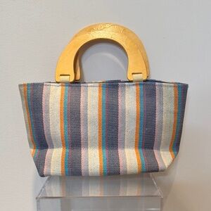 Neiman Marcus Blue and Orange Striped Tote with Wooden Handles.